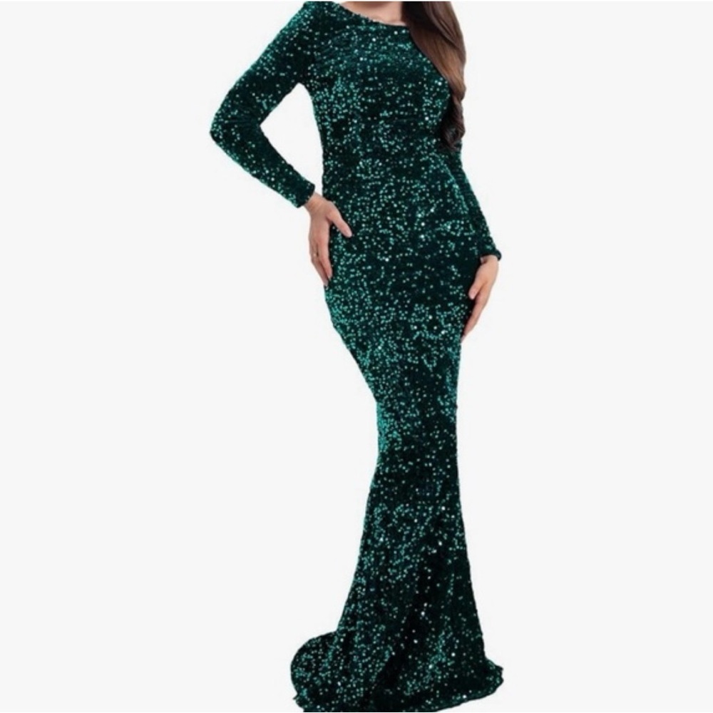 Faeriesty Green Sequin Maxi Dress Large, Long Sleeve, Shoulder Pads, Back Slit